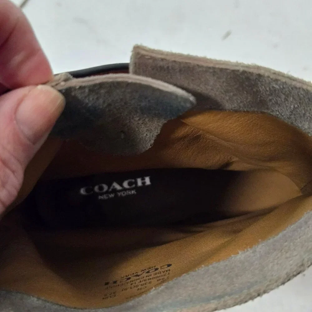 COACH Size 7.5 Amy Leather Taupe Low Stacked Heel Western Moto Boots Women's